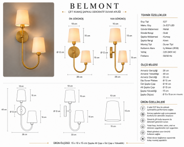 Belmont Gold Çift Kumaş Şapkalı Dekoratif Otel ve Yatak Başı Duvar Apliği