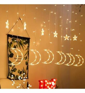 Animasyonlu Ay ve Yıldız Neon Yılbaşı Perde Süsü 60-90 Cm 3 Metre Ay ve Yıldız Neon Ledli Yılbaşı Süsü SNC-609-2