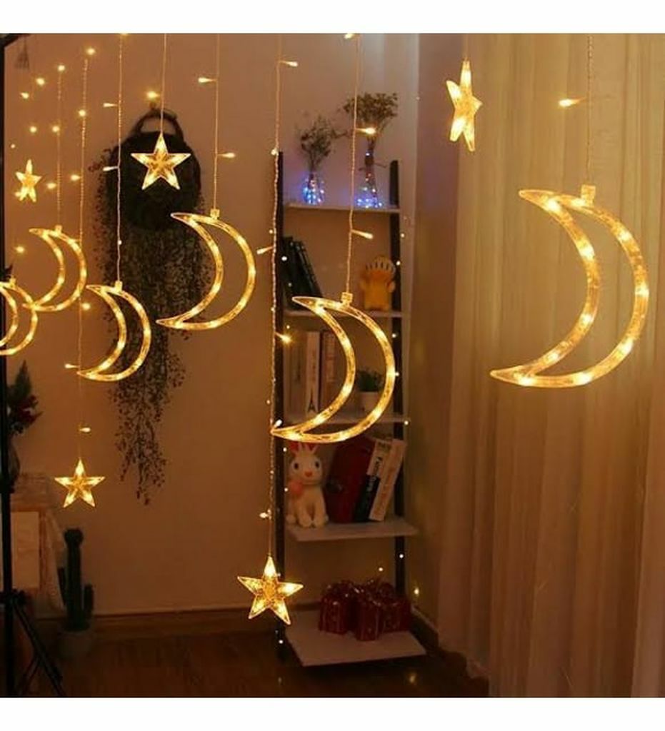 Animasyonlu Ay ve Yıldız Neon Yılbaşı Perde Süsü 60-90 Cm 3 Metre Ay ve Yıldız Neon Ledli Yılbaşı Süsü SNC-609-2