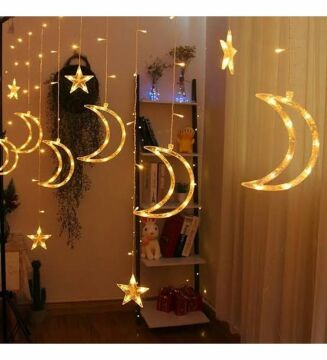 Animasyonlu Ay ve Yıldız Neon Yılbaşı Perde Süsü 60-90 Cm 3 Metre Ay ve Yıldız Neon Ledli Yılbaşı Süsü SNC-609-2