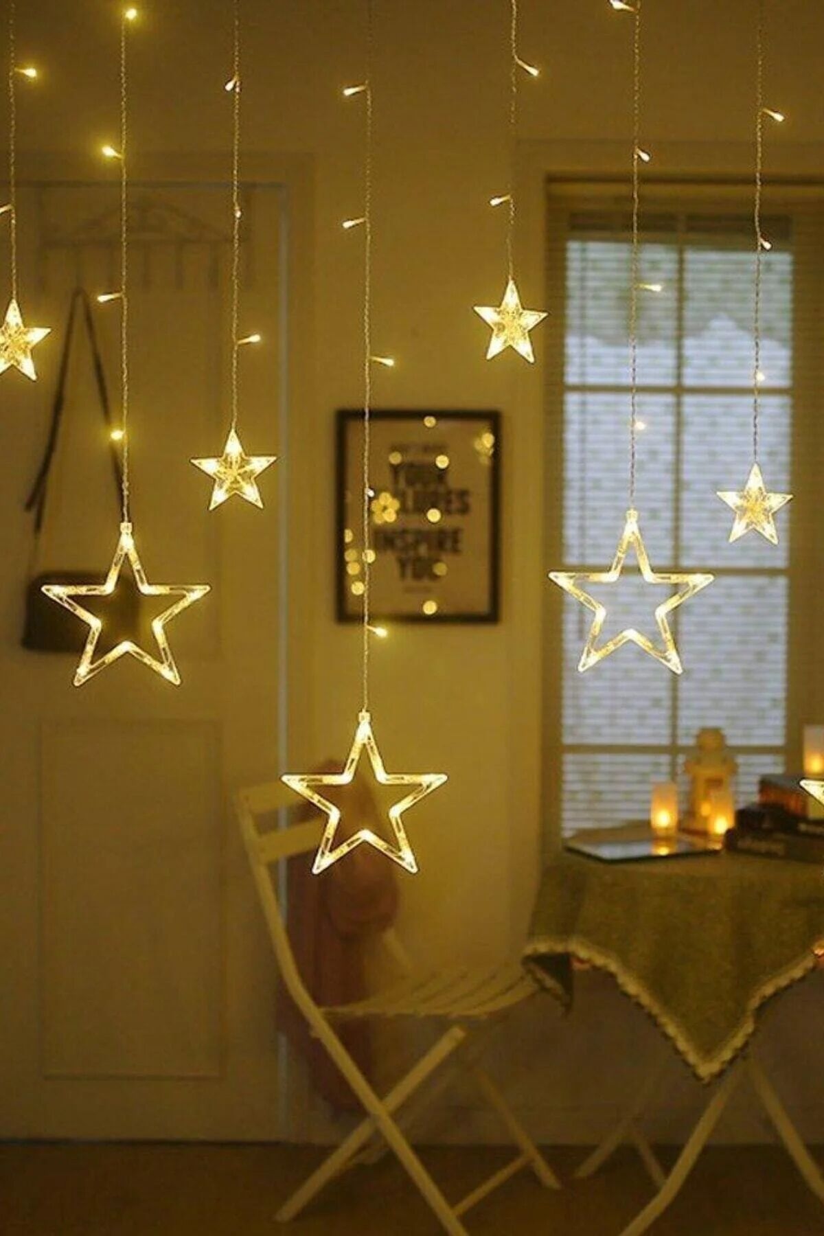 Animasyonlu Yıldız Neon Yılbaşı Perde Süsü 60-90 Cm 3 Metre Ay ve Yıldız Neon Ledli Yılbaşı Süsü SNC-609-2