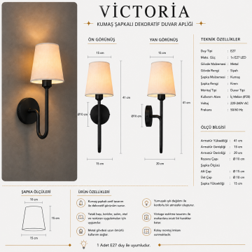 Victoria Siyah Kumaş Şapkalı Dekoratif Otel ve Yatak Başı Duvar Apliği