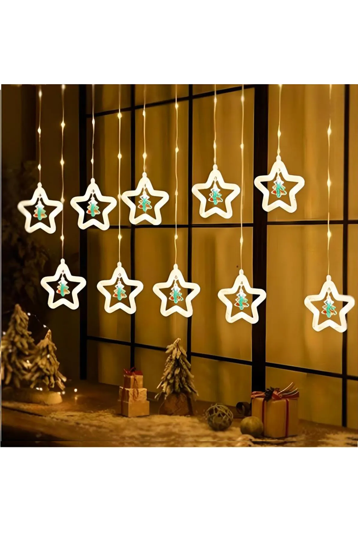 Animasyonlu Noel Baba ve Çam Yıldız Set Led Yılbaşı Perde Süsü 60-90 Cm 3 Metre Noel Baba ve Çam Yıldız Yılbaşı Süsü SNC-620