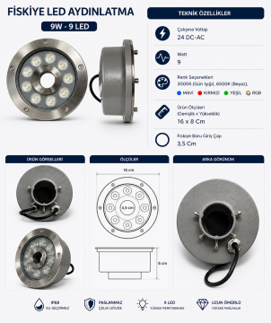 Paslanmaz Çelik Fıskiye Uyumlu Led Havuz Lambası 9W IP68