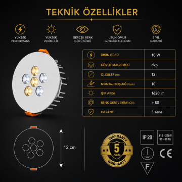 Yuvarlak Kuyumcu Led Spot Armatürü 10W 6 Lens Sıva Altı 3000K + 6000K
