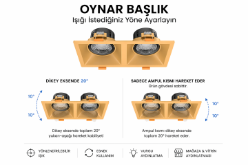 Goya 2x8 Watt İkili Kare Dimlenebilir Samsung Ledli Spot Armatür GY 1737-8 2700K (Sarı Işık) - Siyah - Gold - Dimsiz