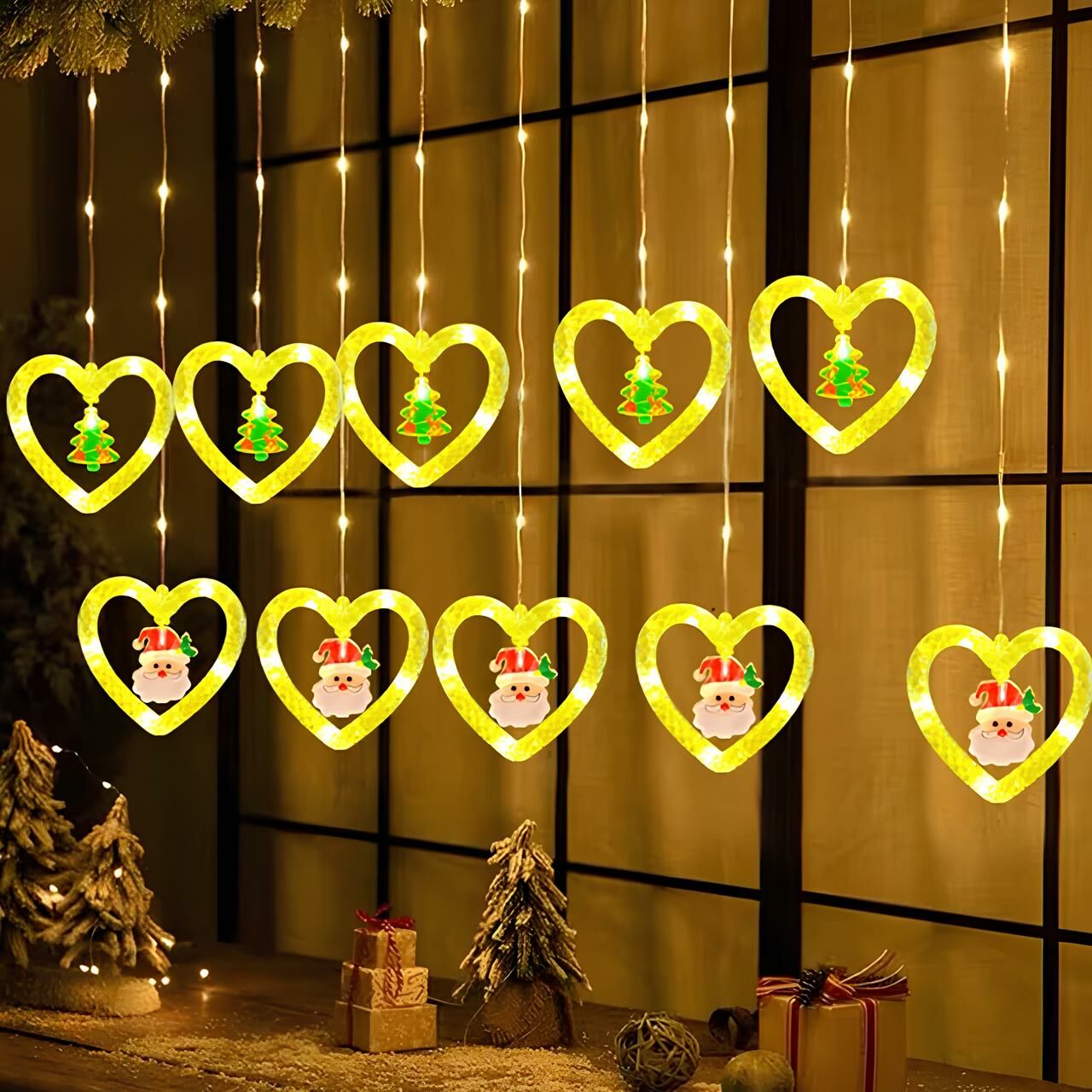 Animasyonlu Noel Baba ve Çam Kalp Set Led Yılbaşı Perde Süsü 60-90 Cm 3 Metre Noel Baba ve Çam Kalp Yılbaşı Süsü SNC-621