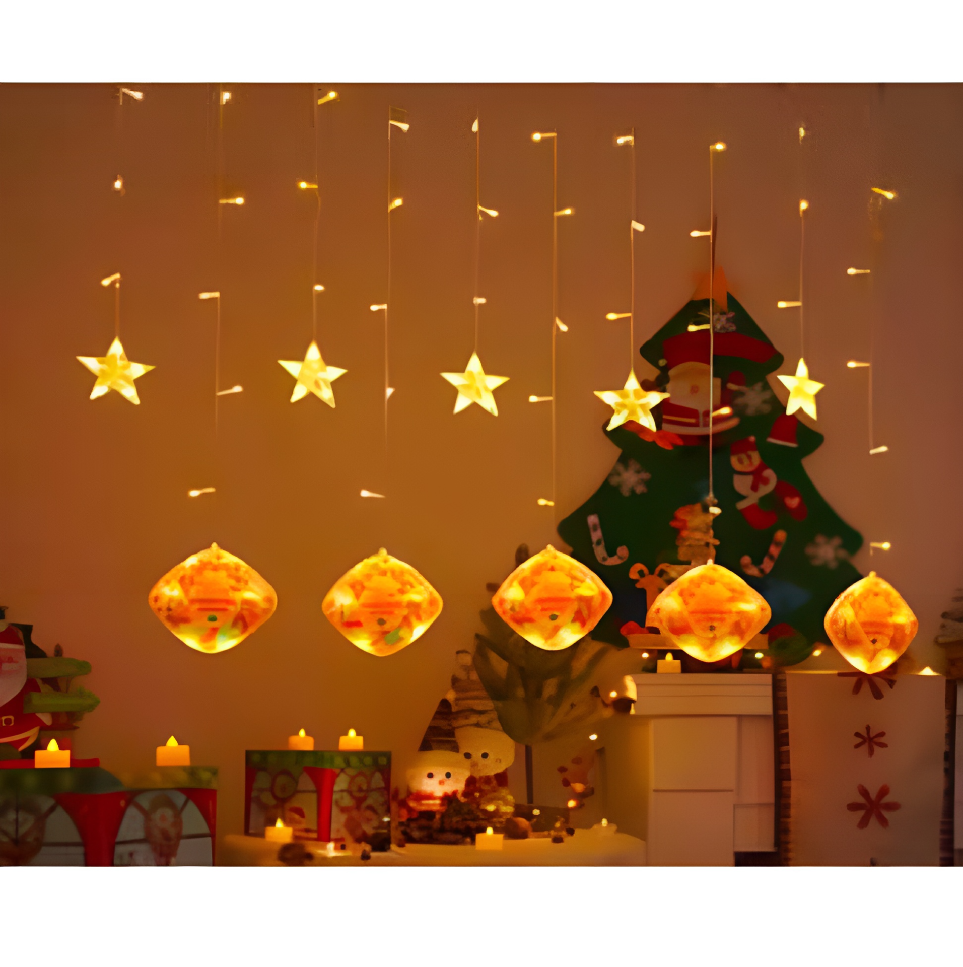 Animasyonlu Cristmas Bakla ve Yıldız Set Led Yılbaşı Perde Süsü 60-90 Cm 3 Metre Cristmas Bakla ve Yıldız Yılbaşı Süsü SNC-626