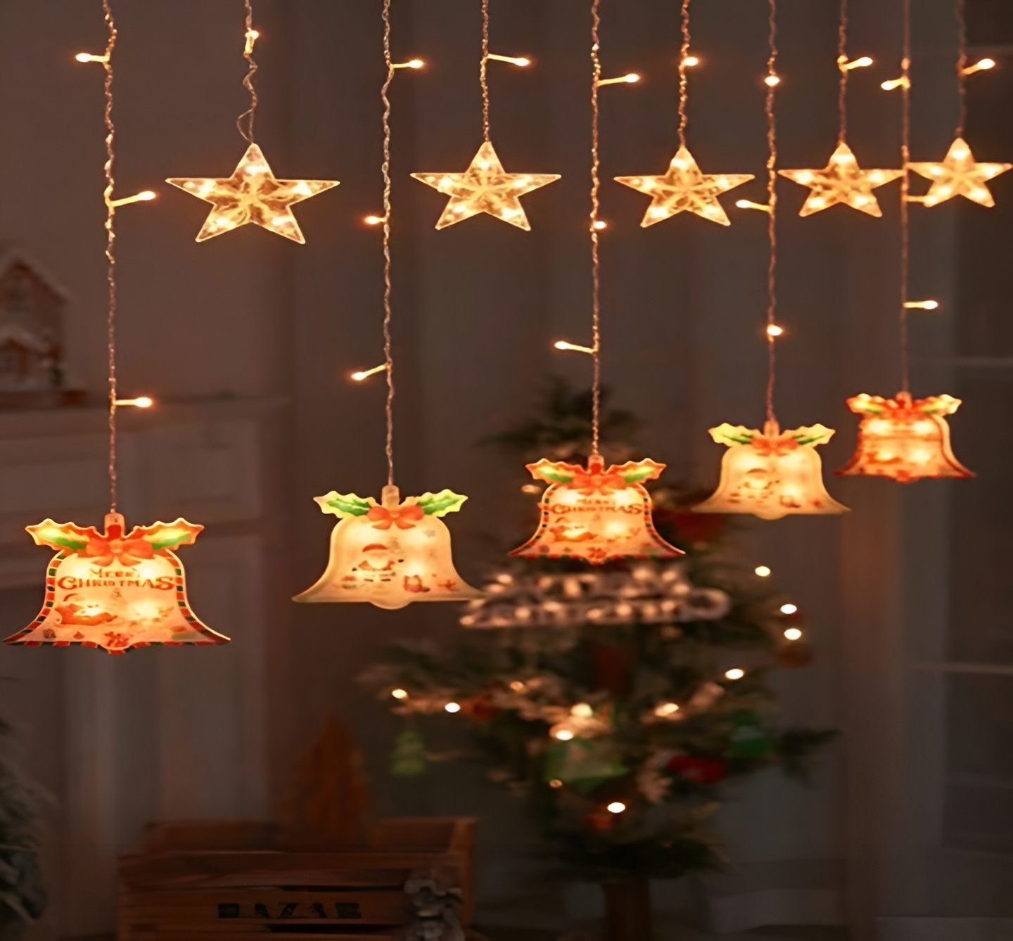 Animasyonlu Çan ve Yıldız Set Led Yılbaşı Perde Süsü 60-90 Cm 3 Metre Çan ve Yıldız Yılbaşı Süsü SNC-628