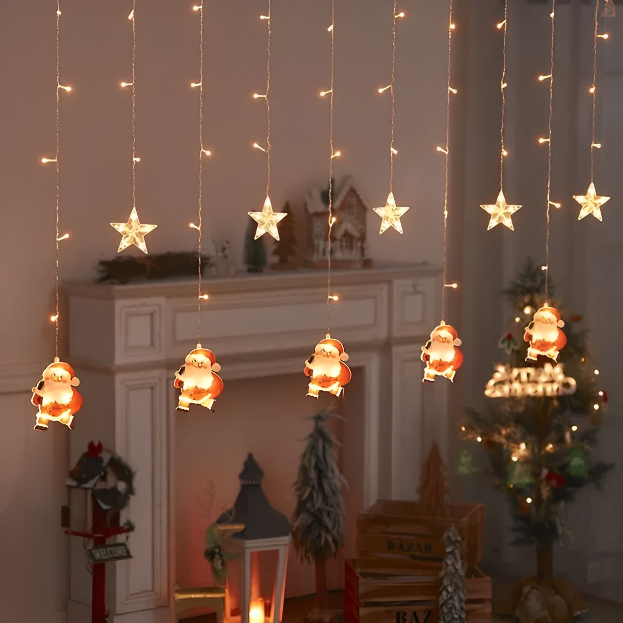Animasyonlu Noel Baba ve Yıldız Set Led Yılbaşı Perde Süsü 60-90 Cm 3 Metre Noel Baba ve Yıldız Yılbaşı Süsü SNC-629