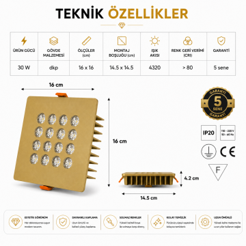 Kare Kuyumcu Led Spot Armatürü 30W 16 Lens Sıva Altı 3000K + 6000K