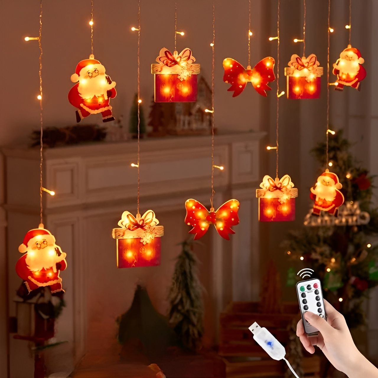 Animasyonlu Noel Baba ve Papyon Set Led Yılbaşı Perde Süsü 60-90 Cm 3 Metre Noel Baba ve Papyon Yılbaşı Süsü SNC-701
