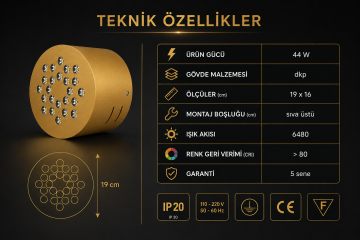 Yuvarlak Kuyumcu Led Spot Armatürü 44W 24 Lens Sıva Üstü 3000K + 6000K