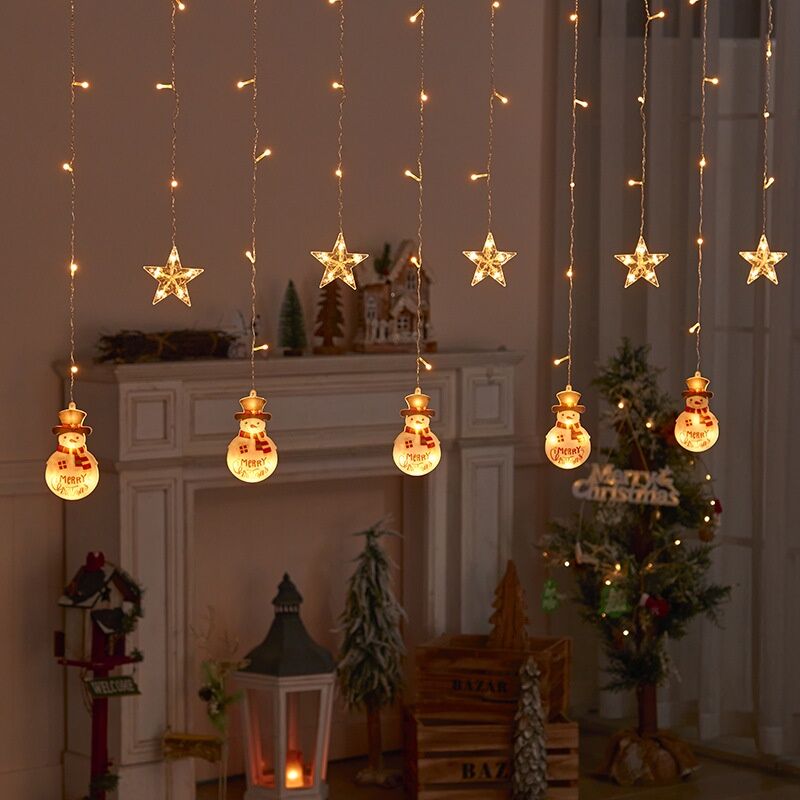Animasyonlu Kardan Adam ve Yıldız Set Led Yılbaşı Perde Süsü 60-90 Cm 3 Metre Kardan Adam ve Yıldız Yılbaşı Süsü SNC-705