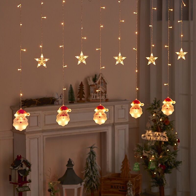 Animasyonlu Noel Baba ve Yıldız Set Led Yılbaşı Perde Süsü 60-90 Cm 3 Metre Noel Baba ve Yıldız Yılbaşı Süsü SNC-706
