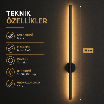 Kılıç Aplik Siyah Kasa Dekoratif Çift Yönlü Duvar Aplik Armatür 75CM