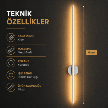 Kılıç Aplik Krom Kasa Dekoratif Çift Yönlü Duvar Aplik Armatür 75CM