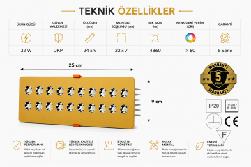 Dikdörtgen Kuyumcu Led Spot Armatürü 32W 18 Lens Sıva Altı 3000K + 6000K
