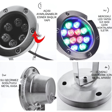 Led Havuz ve Fıskiye Aydınlatma Spot Armatürü 18 Watt 24 Volt Metal Kasa
