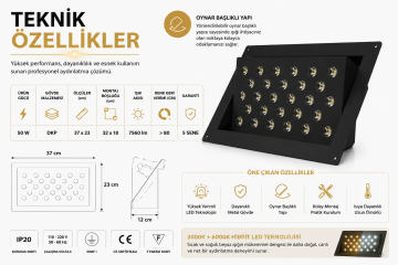 Dikdörtgen Oynar Başlıklı Kuyumcu Led Spot 50W 28 Lens Sıva Altı 3000K + 6000K