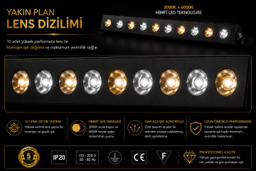 Linear Kuyumcu Led Spot Armatürü 100Cm 36W 19 Lens Sıva Üstü 3000K + 6000K