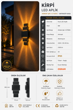 Kirpi 8 Watt Antrasit Kasa Led Amber Işık Duvar Aplik