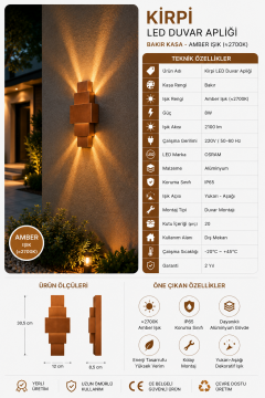 Kirpi 8 Watt Bakır Kasa Led Amber Işık Duvar Aplik