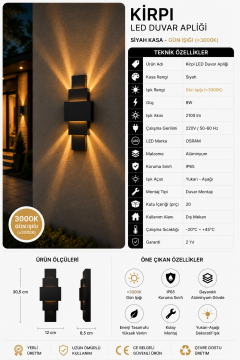 Kirpi 8 Watt Siyah Kasa Led Gün Işığı Duvar Aplik