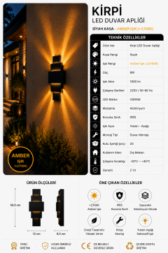 Kirpi 8 Watt Siyah Kasa Led Amber Işık Duvar Aplik