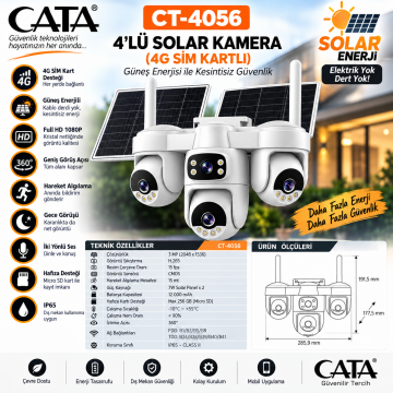 Cata 4 Kameralı Solar 4G SIM Kartlı Dış Mekan Güvenlik Kamerası CT-4056