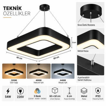 Oval Kare Led Linear Sarkıt Aydınlatma 3 Renkli 54W 60x60 Cm