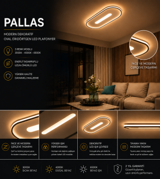 Pallas Modern Dekoratif Oval Dikdörtgen Plafonyer Led Avize Aydınlatma 3 Renk Modlu KOZ8053