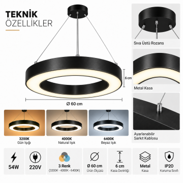 Yuvarlak Simit Led Linear Sarkıt Aydınlatma 3 Renkli 54W 60 Cm