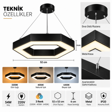 Altıgen Led Linear Sarkıt Aydınlatma 3 Renkli 54W 52x52 Cm