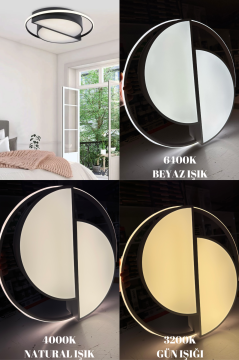 Vesta Modern Dekoratif Yuvarlak Plafonyer Led Avize Aydınlatma Siyah Kasa 3 Renk Modlu KOZ8060