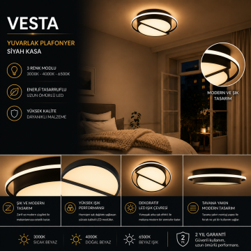 Vesta Modern Dekoratif Yuvarlak Plafonyer Led Avize Aydınlatma Siyah Kasa 3 Renk Modlu KOZ8060