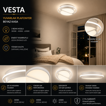 Vesta Modern Dekoratif Yuvarlak Plafonyer Led Avize Aydınlatma Beyaz Kasa 3 Renk Modlu KOZ8060