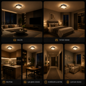 Deimos Modern Dekoratif Kare Plafonyer Led Avize Aydınlatma Siyah Kasa 3 Renk Modlu KOZ8061