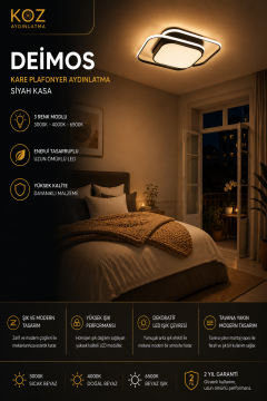 Deimos Modern Dekoratif Kare Plafonyer Led Avize Aydınlatma Siyah Kasa 3 Renk Modlu KOZ8061