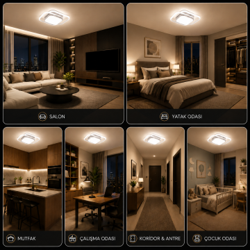 Deimos Modern Dekoratif Kare Plafonyer Led Avize Aydınlatma Beyaz Kasa 3 Renk Modlu KOZ8061