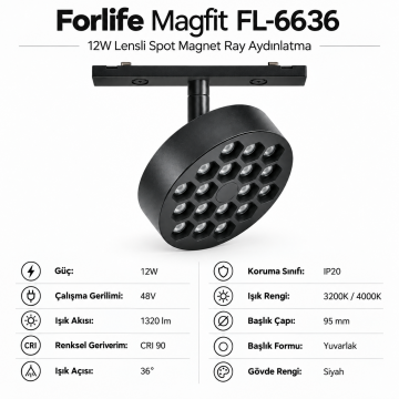Forlife Magfit FL-6636 12W Lensli Yuvarlak Spot Magnet Ray Aydınlatma Siyah Kasa
