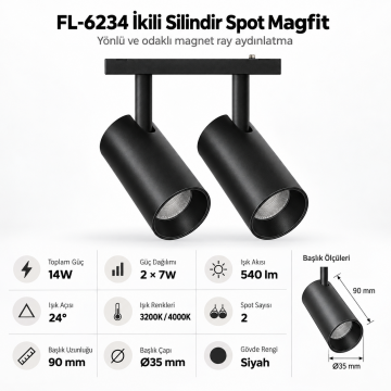 Forlife Magfit FL-6234 14W İkili Spot Magnet Ray Aydınlatma Siyah Kasa