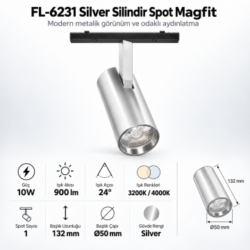 Forlife Magfit FL-6231 10W Spot Magnet Ray Aydınlatma Silver Kasa