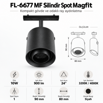 Forlife Magfit FL-6677 MF 10W Silindir Spot Magnet Ray Aydınlatma Siyah Kasa