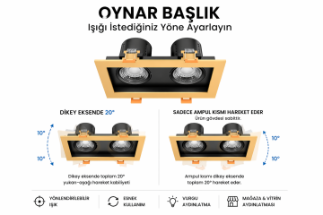 Goya 2x8 Watt İkili Kare Dimlenebilir Samsung Ledli Spot Armatür GY 1743-8 3000  K (Gün Işığı) - Siyah - Gold - Dimsiz