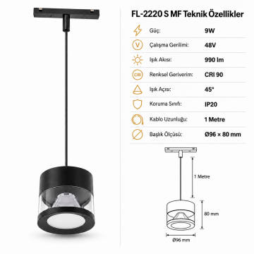 Forlife Magfit FL-2220 S MF 9W Sarkıt Avize Magnet Ray Aydınlatma Siyah Kasa