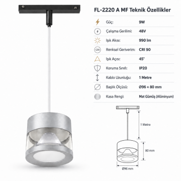 Forlife Magfit FL-2220 A MF 9W Sarkıt Avize Magnet Ray Aydınlatma Mat Gümüş Kasa