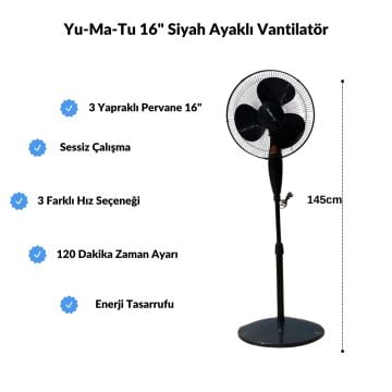 Yumatu Zaman Ayarlı 3 Kademeli 16'' Ayaklı Vantilatör Siyah Kasa