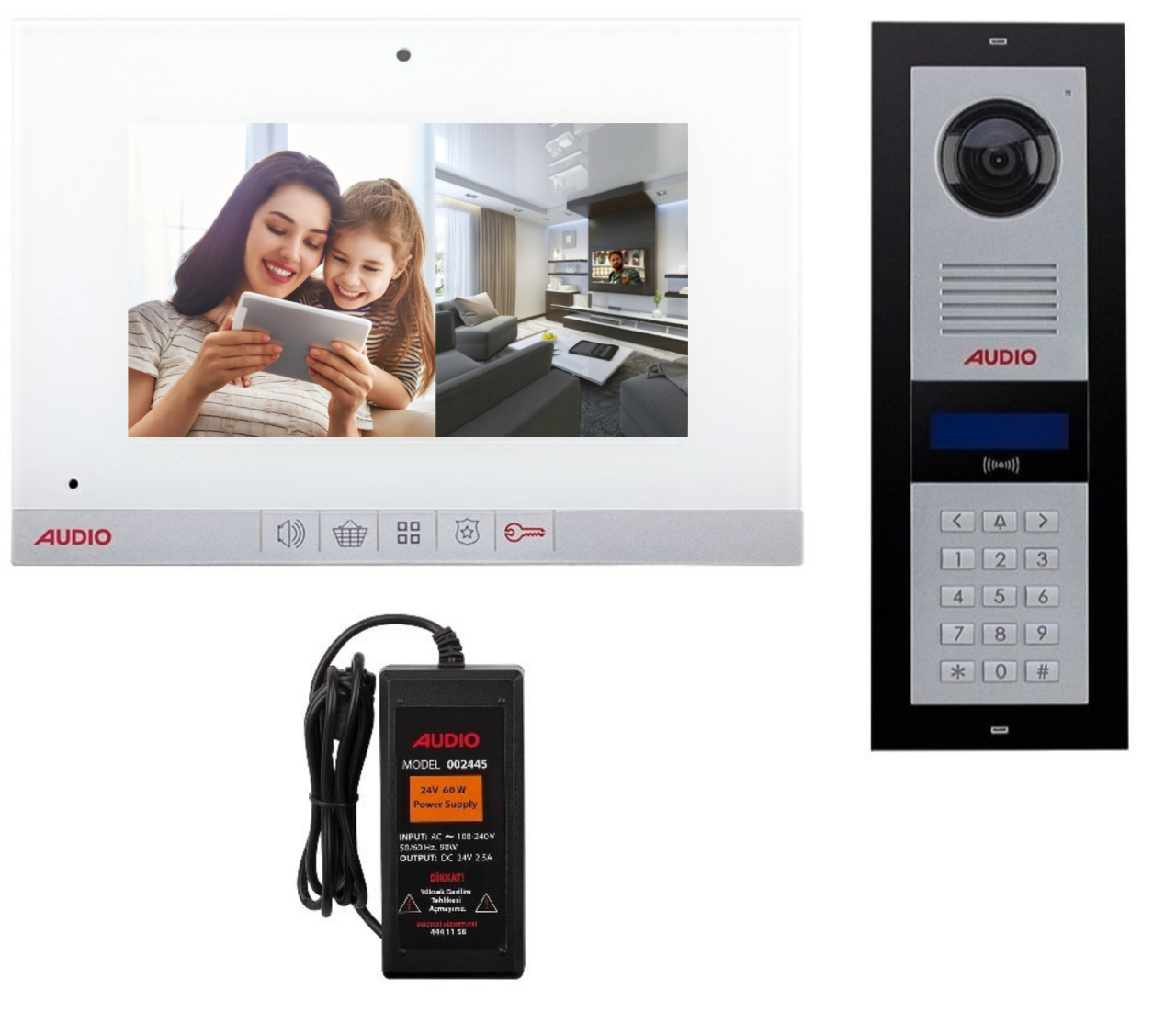 Audio 7'' 5 Daire Mekanik Butonlu Beyaz Gövde Görüntülü Diafon Paketi
