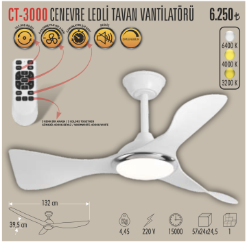Cata Cenevre Dimlenebilir Işıklı 3 Kanatlı Uzaktan Kumandalı Tavan Tipi Vantilatörü CT-3000